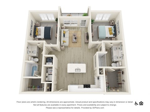 Floor plan for 2 beds, 2 baths, 1042 sqft